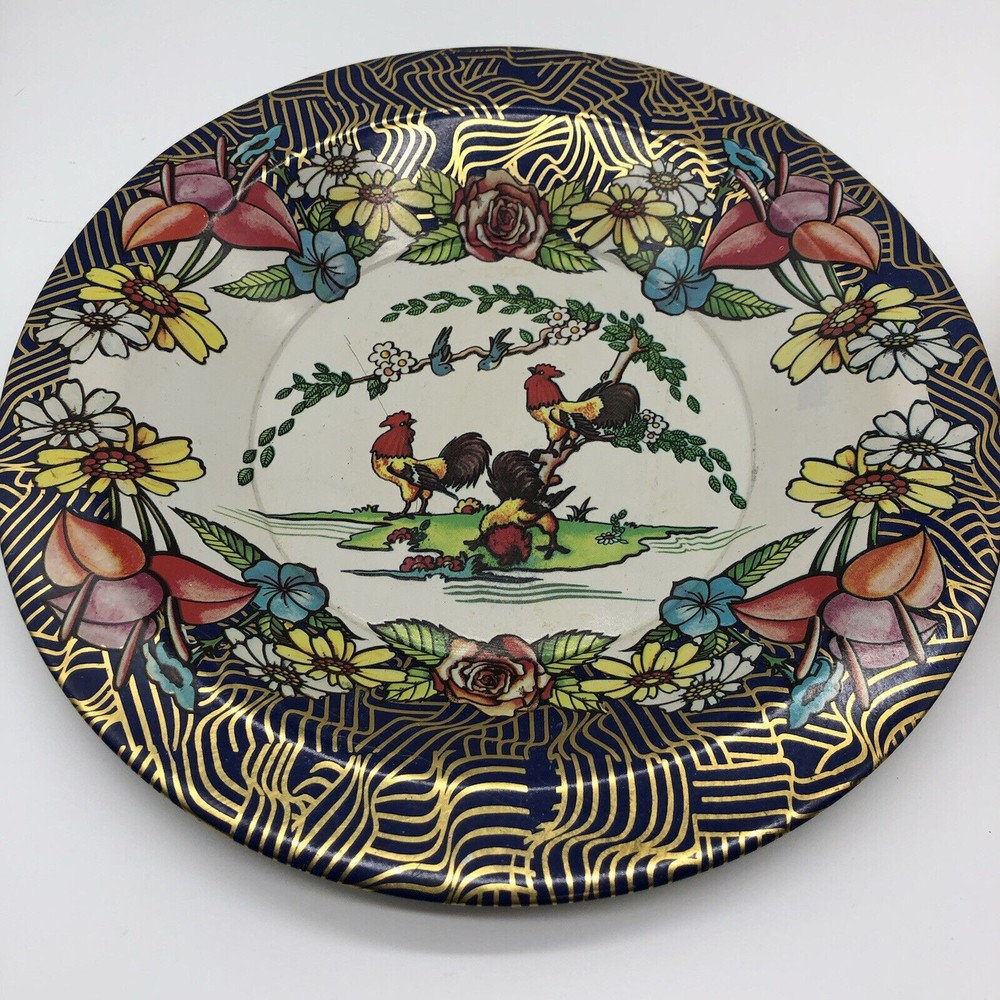 Vintage Action Industries tin plate/bowl,colorful rooster blue birds made Brazil